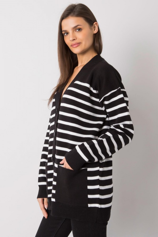 Sweter damski z dużymi guzikami w kolorze czarnym paski białe kardigan narzutka Kira 2