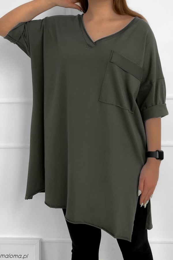 Tunika damska w kolorze khaki t-shirt oversize v-neck kieszeń Polina