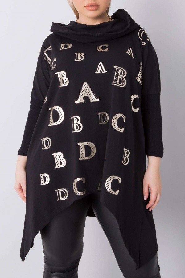 Asymetryczna tunika damska plus size w kolorze czarnym z kieszeniami długie boki litery