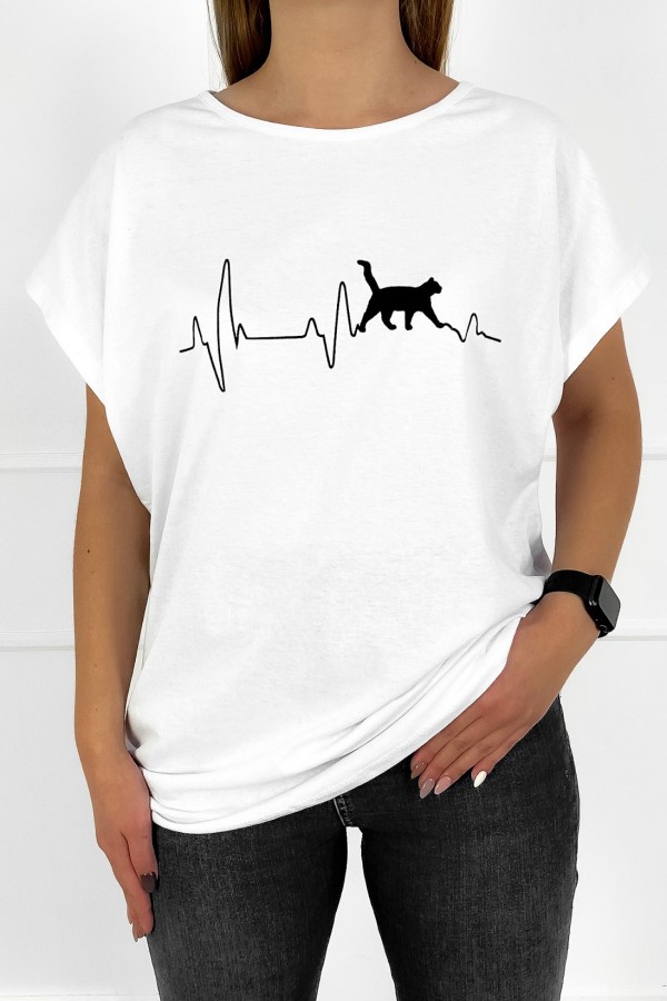 T-shirt damski plus size w kolorze białym linia życia kot