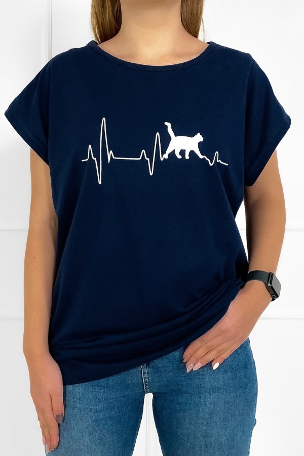T-shirt koszulka bluzka damska w kolorze granatowym kot