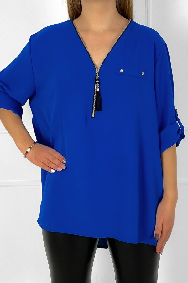 Elegancka bluzka koszula w kolorze kobaltowym dekolt zamek ZIP secret