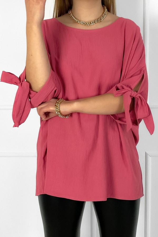 Elegancka bluzka oversize koszula w kolorze indyjskiego różu wiązane rękawy pure