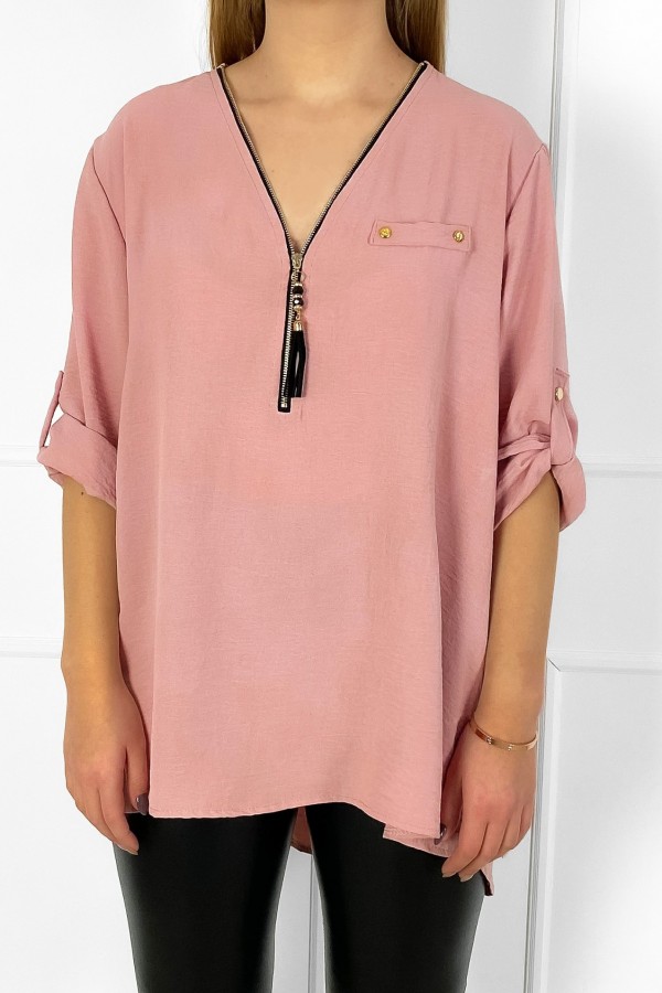 Elegancka bluzka koszula w kolorze pudrowym dekolt zamek ZIP secret 3