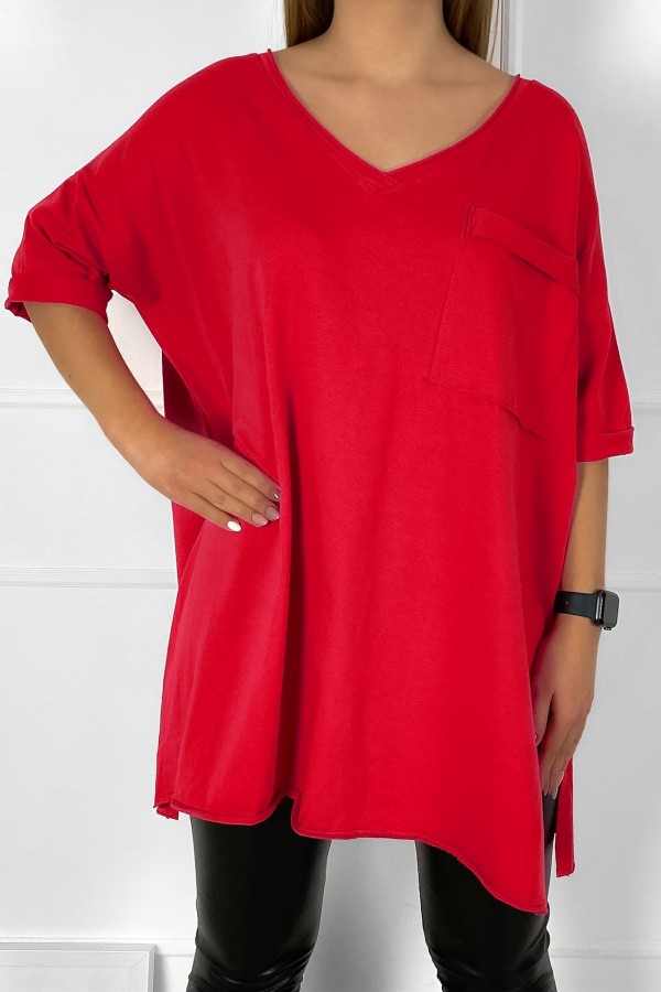 Tunika damska w kolorze czerwonym t-shirt oversize v-neck kieszeń Polina
