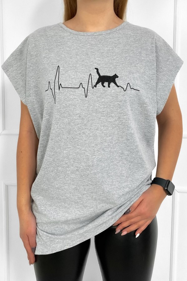 T-shirt damski plus size w kolorze szarym linia życia kot