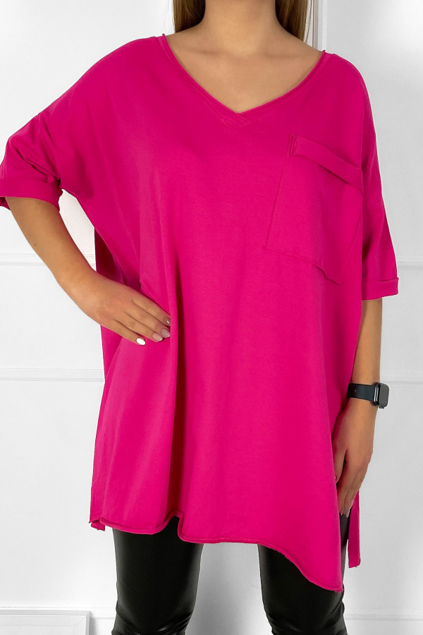 Tunika damska w kolorze fuksji t-shirt oversize v-neck kieszeń Polina