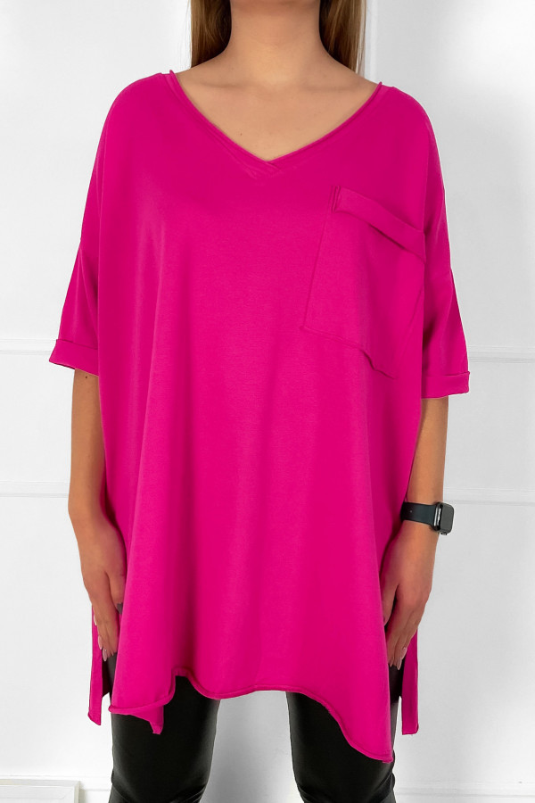 Tunika damska w kolorze fuksji t-shirt oversize v-neck kieszeń Polina 2