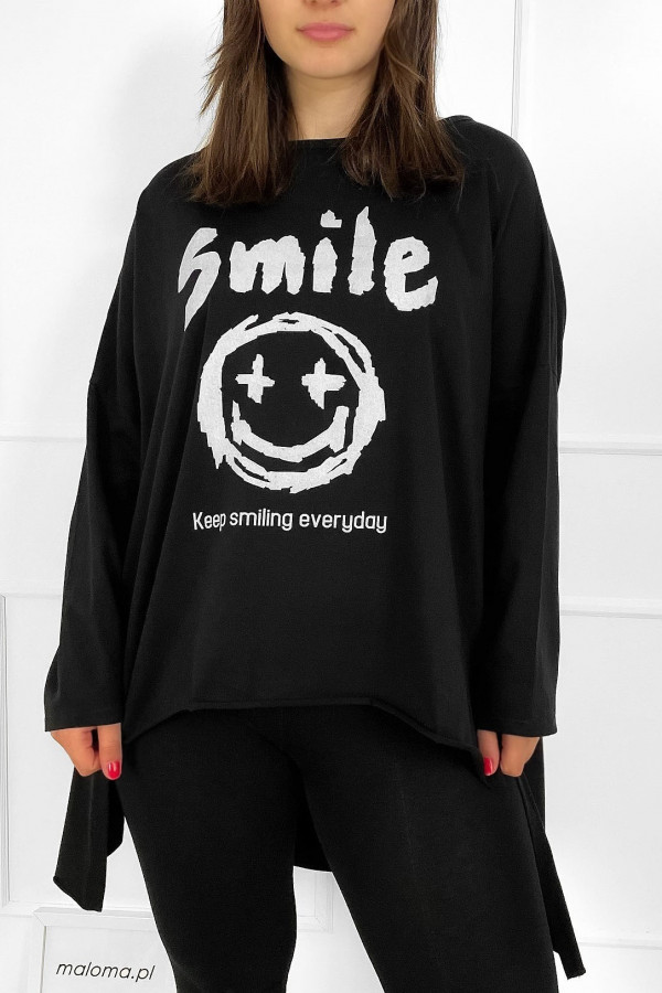 Tunika bluzka damska w kolorze czarnym oversize dłuższy tył print smile