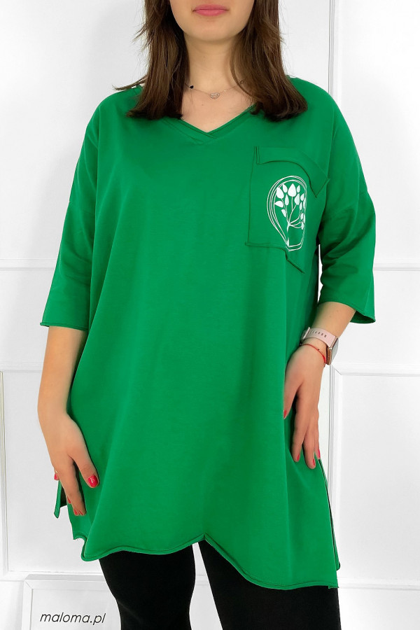 Tunika damska w kolorze zielonym t-shirt oversize v-neck kieszeń drzewko