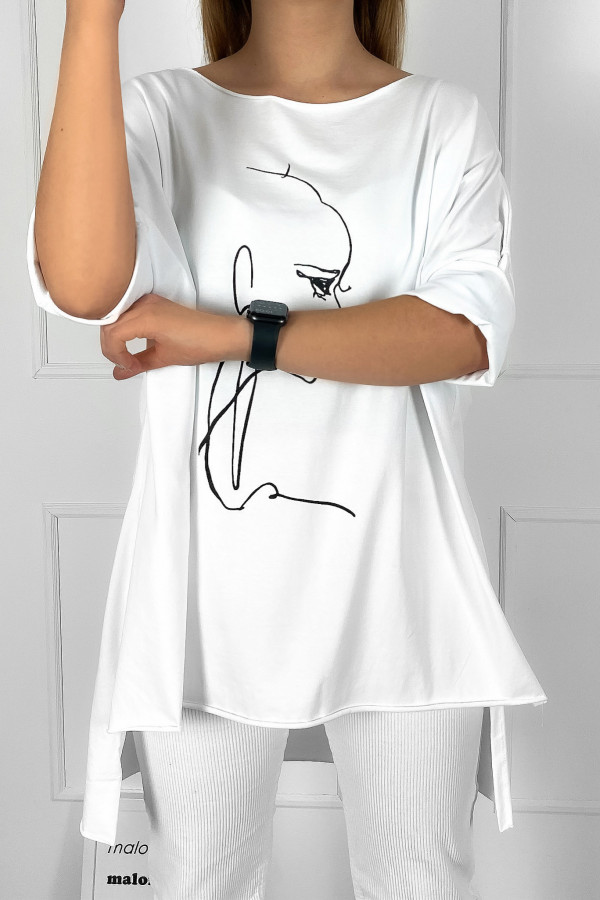 Tunika damska w kolorze białym oversize dłuższy tył line art woman face 2