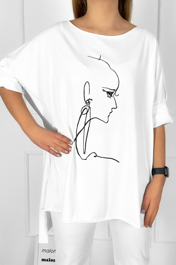 Tunika damska w kolorze białym oversize dłuższy tył line art woman face 1