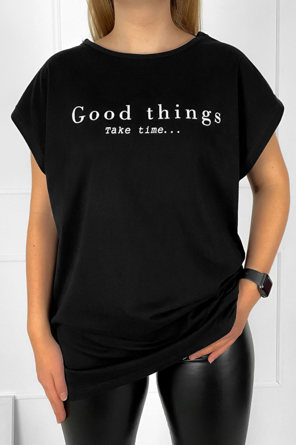 T-shirt damski plus size w kolorze czarnym good things take time
