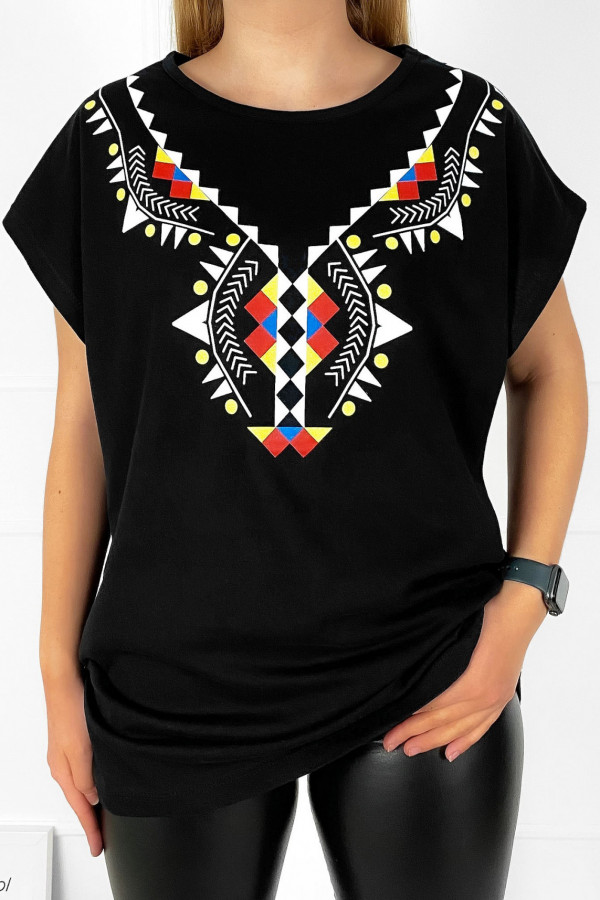 T-shirt damski w kolorze czarnym bluzka wzór boho etno