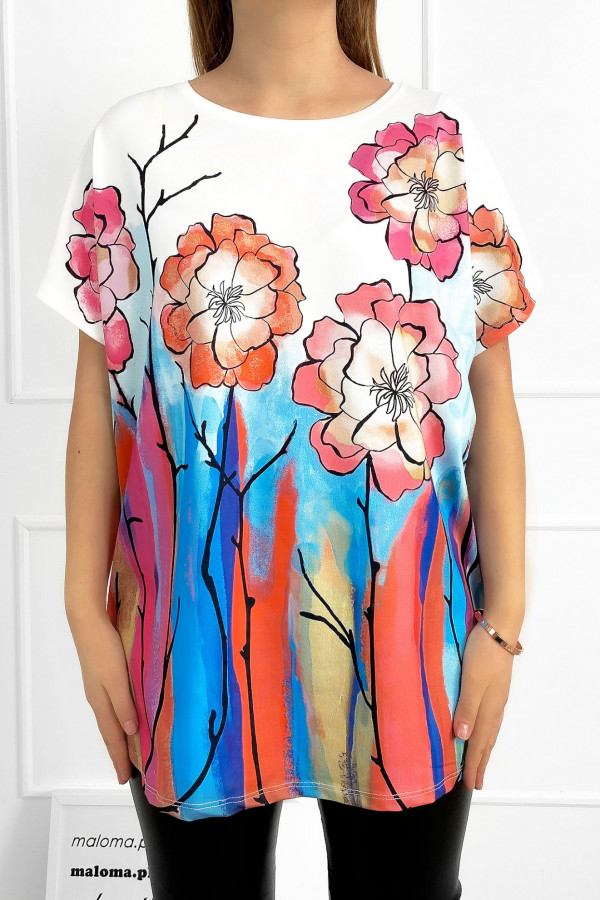 Bluzka damska nietoperz mulitkolor z nadrukiem kwiaty spring flowers