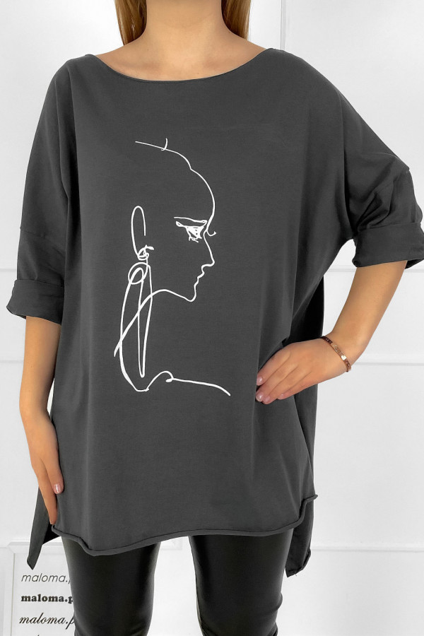 Tunika damska w kolorze grafitowym oversize dłuższy tył line art woman face