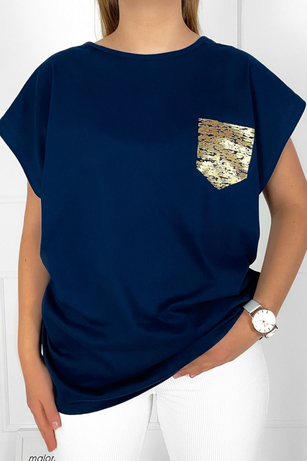 T-shirt koszulka bluzka damska w kolorze granatowym złota kieszonka pocket
