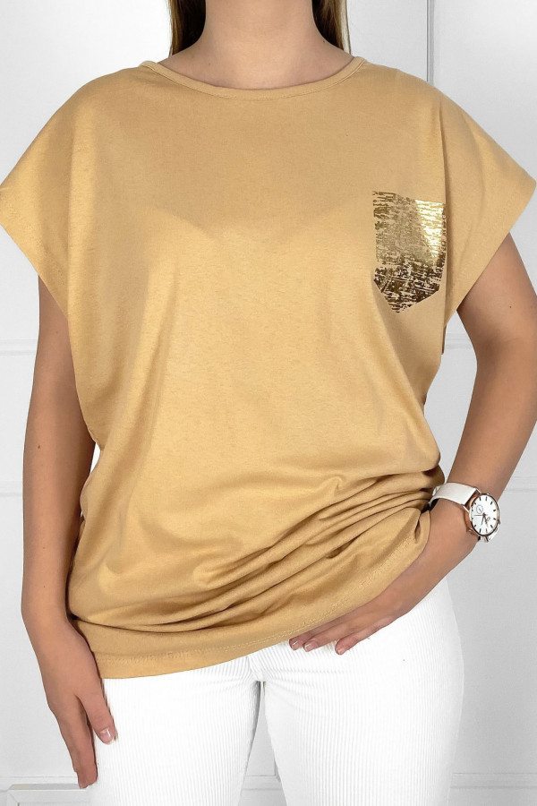 T-shirt koszulka bluzka damska W DRUGIM GATUNKU w kolorze beżu złota kieszonka pocket
