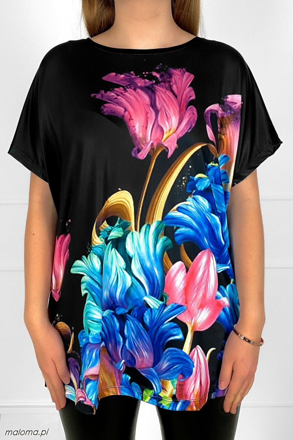 Bluzka damska plus size nietoperz multikolor z nadrukiem flowers kwiaty