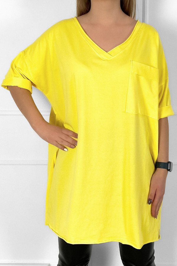 Tunika damska w kolorze żółtym t-shirt oversize v-neck kieszeń Polina