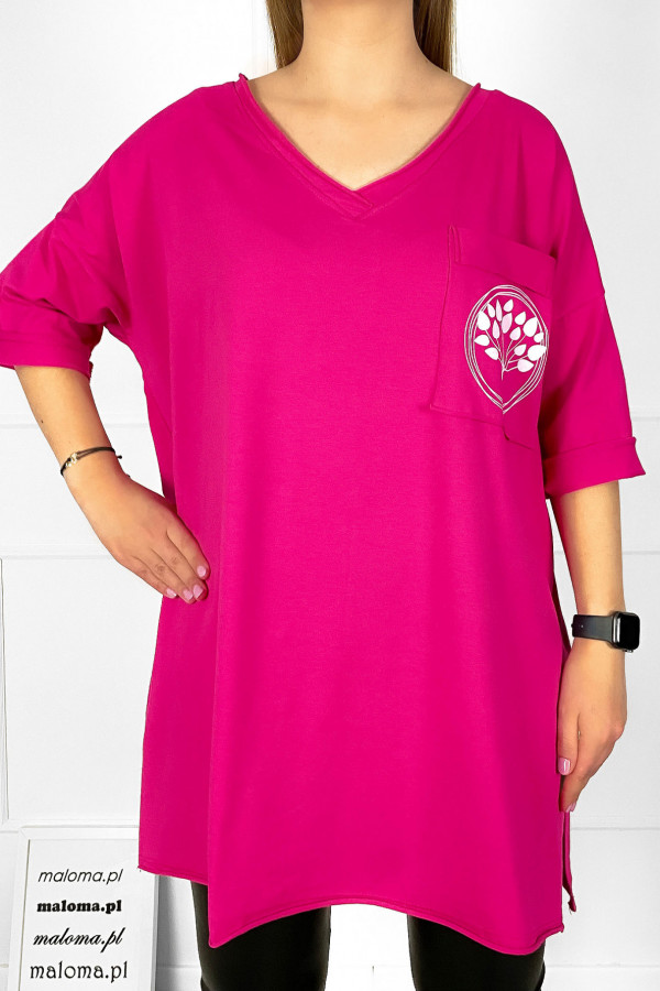 Tunika damska w kolorze fuksji t-shirt oversize v-neck kieszeń drzewko
