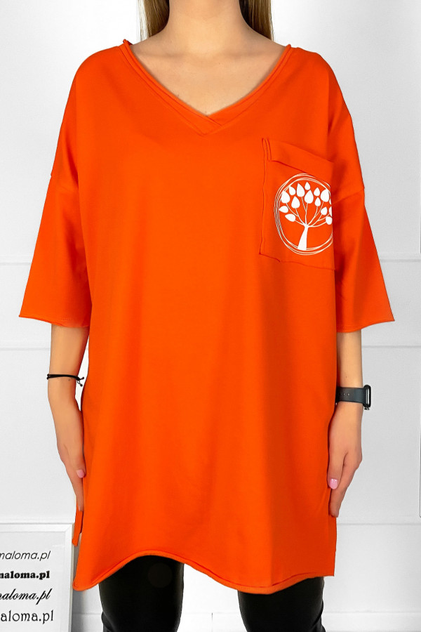 Tunika damska w kolorze orange t-shirt oversize v-neck kieszeń drzewko