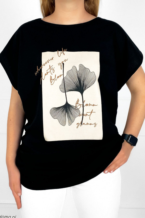T-shirt damski plus size w kolorze czarnym print liście bloom