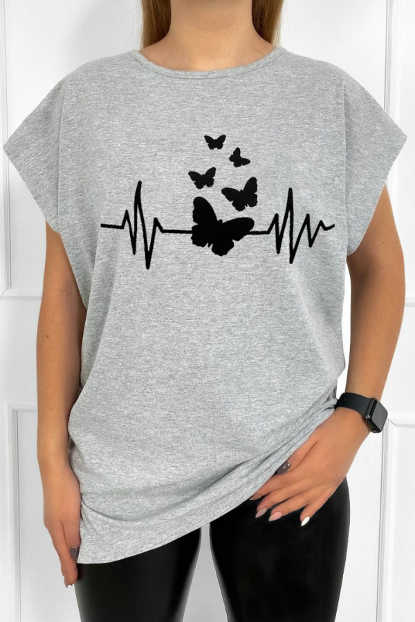 Bluzka damska t-shirt w kolorze szarym print linia życia motyle