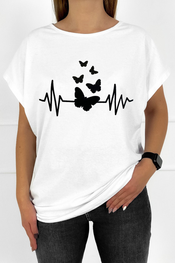 Bluzka damska t-shirt w kolorze białym print linia życia motyle
