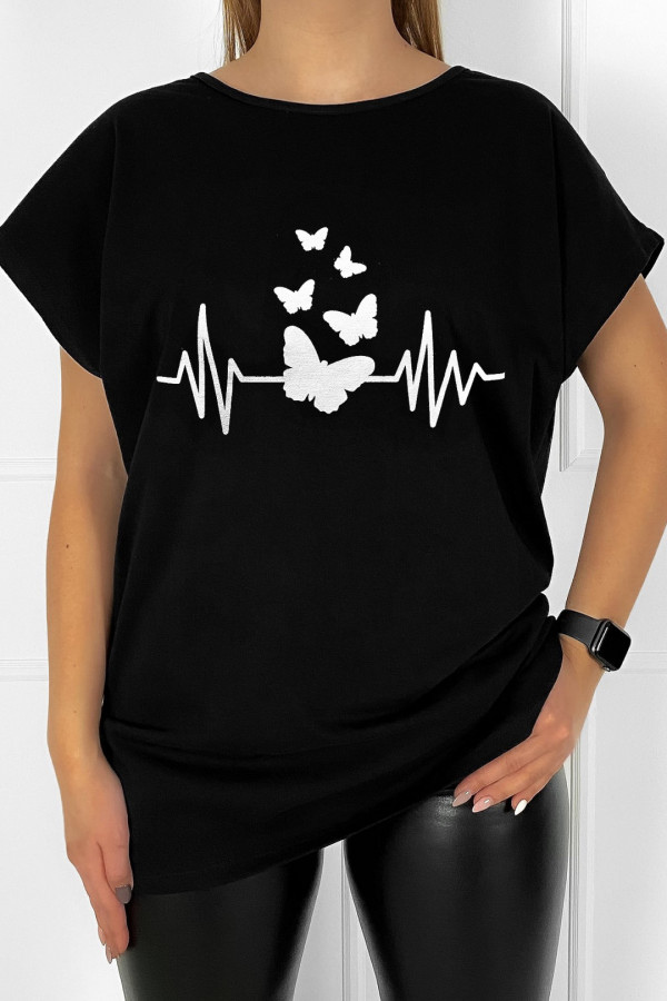 Bluzka damska t-shirt w kolorze czarnym print linia życia motyle