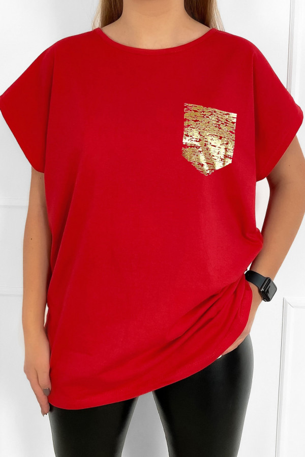 T-shirt bluzka damska plus size w kolorze czerwonym złota kieszonka pocket