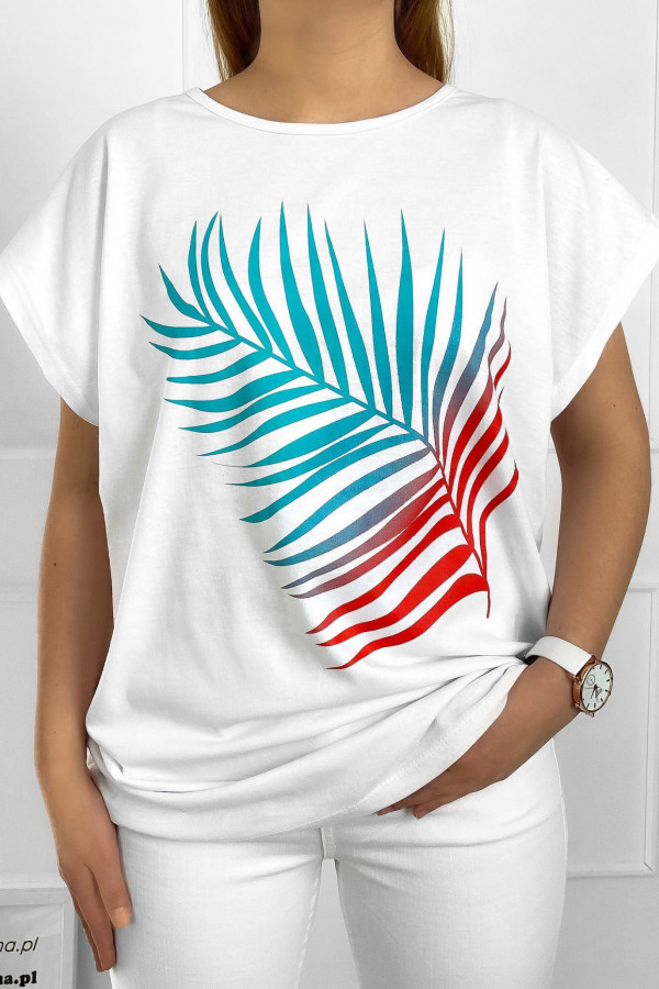 Bluzka damska t-shirt plus size w kolorze białym liść palma