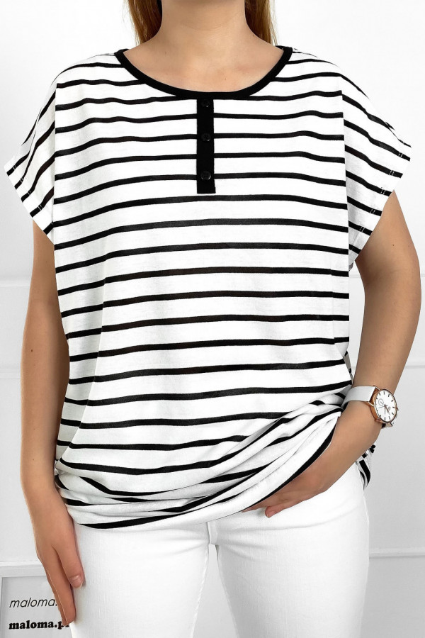 T-shirt plus size koszulka bluzka damska w kolorze białym paski guziki