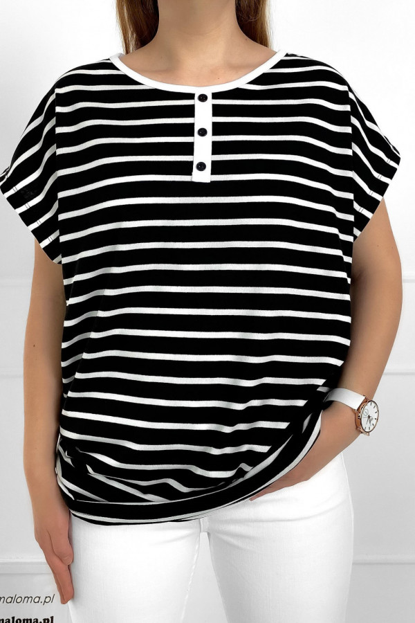 T-shirt plus size koszulka bluzka damska w kolorze czarnym paski guziki