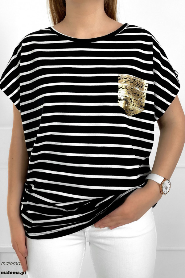 T-shirt plus size koszulka bluzka damska w kolorze czarnym paski pocket