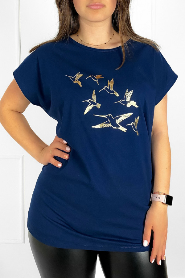 T-shirt plus size koszulka bluzka damska w kolorze granatowym złote koliberki