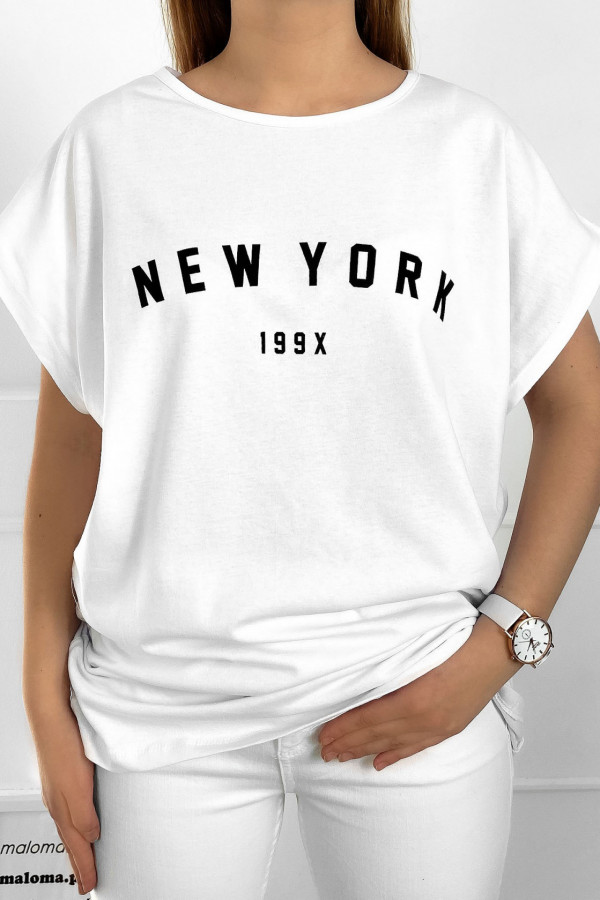 Bluzka damska plus size t-shirt w kolorze białym napis new york