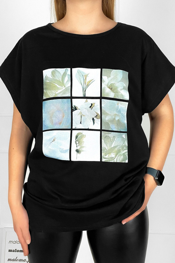 Bluzka damska plus size t-shirt w kolorze czarnym kwiaty image