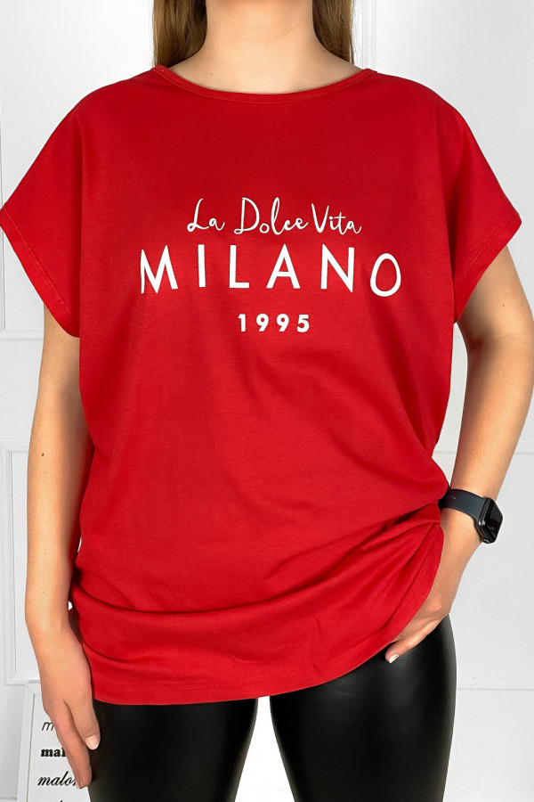 Bluzka damska plus size t-shirt w kolorze czerwonym napis Milano