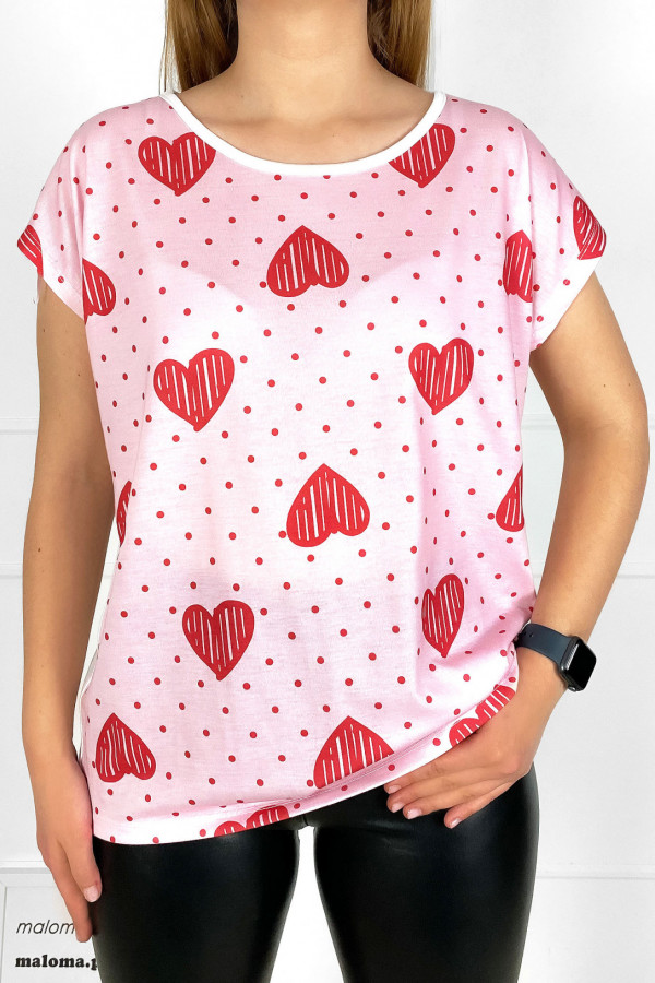 Bluzka damska nietoperz koszulka T-shirt różowy wzór kropki serduszka