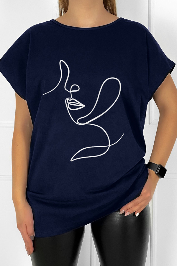 T-shirt koszulka bluzka damska plus size w kolorze granatowym line art woman