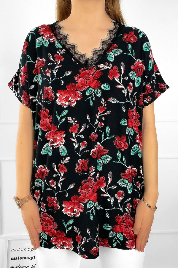 Kobieca bluzka damska plus size w kolorze czarnym kwiaty red Alicja