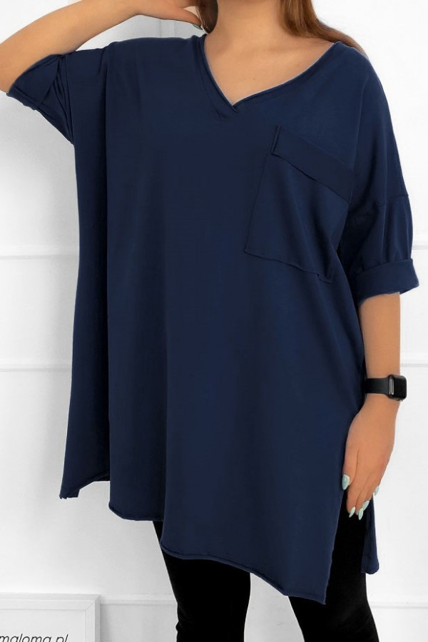 Tunika damska w kolorze granatowym t-shirt oversize v-neck kieszeń Polina