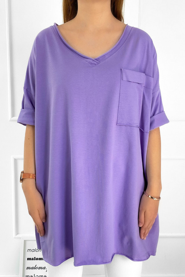 Tunika damska w kolorze fiolet lila t-shirt oversize v-neck kieszeń Polina 2