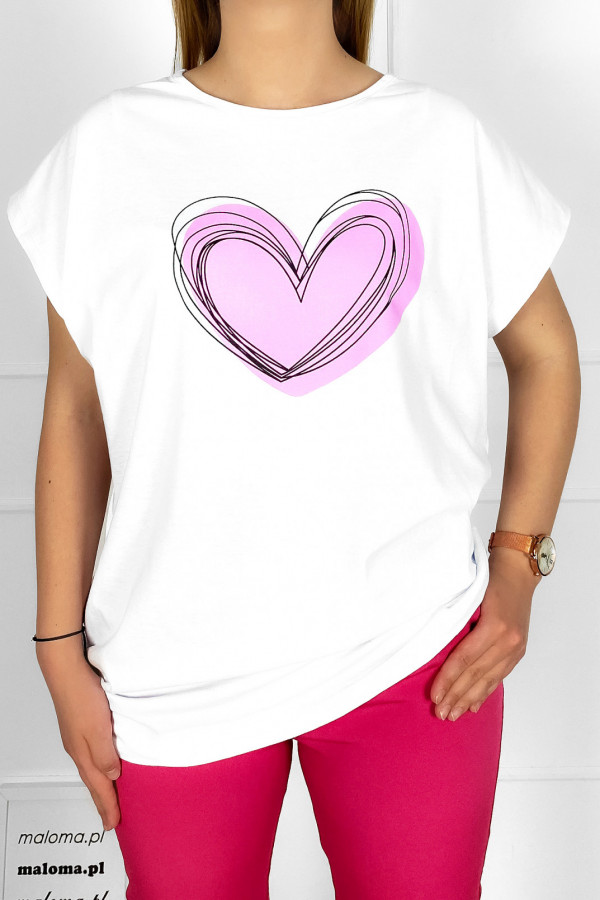 Bluzka damska t-shirt plus size w kolorze białym pink heart