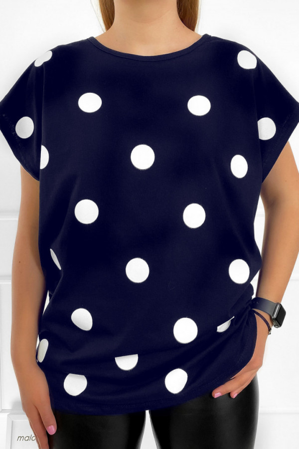 T-shirt plus size koszulka bluzka damska w kolorze granatowym grochy