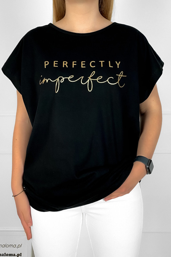 T-shirt bluzka damska plus size w kolorze czarnym złoty napis perfectly imperfect