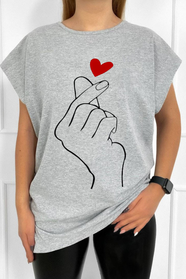 T-shirt damski plus size w kolorze szarym dłoń hand