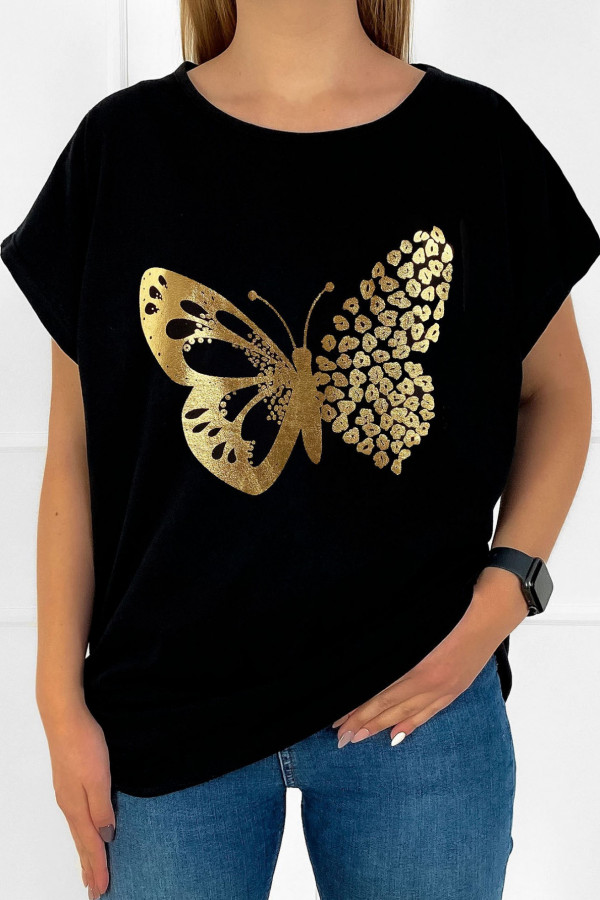 T-shirt damski plus size w kolorze czarnym złoty motyl