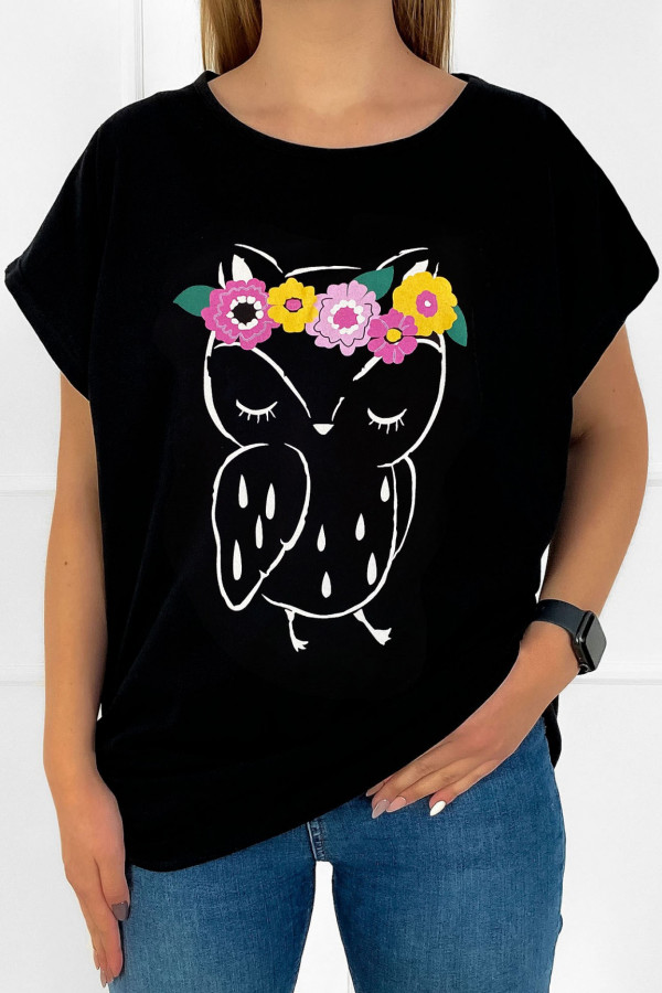 T-shirt bluzka damska plus size w kolorze czarnym sowa owl kwiaty spring